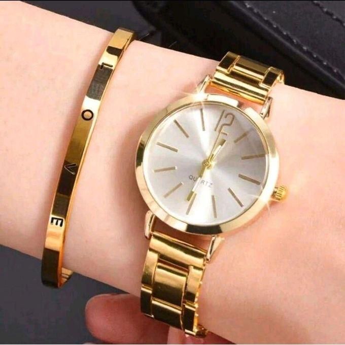 SHEIN 1pc Round Pointer Quartz Watch & 1pc Bracelet-6143