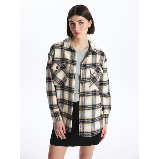 LC Waikiki Plaid Long Sleeve Oversize Women's Lumberjack Shirt Jacket