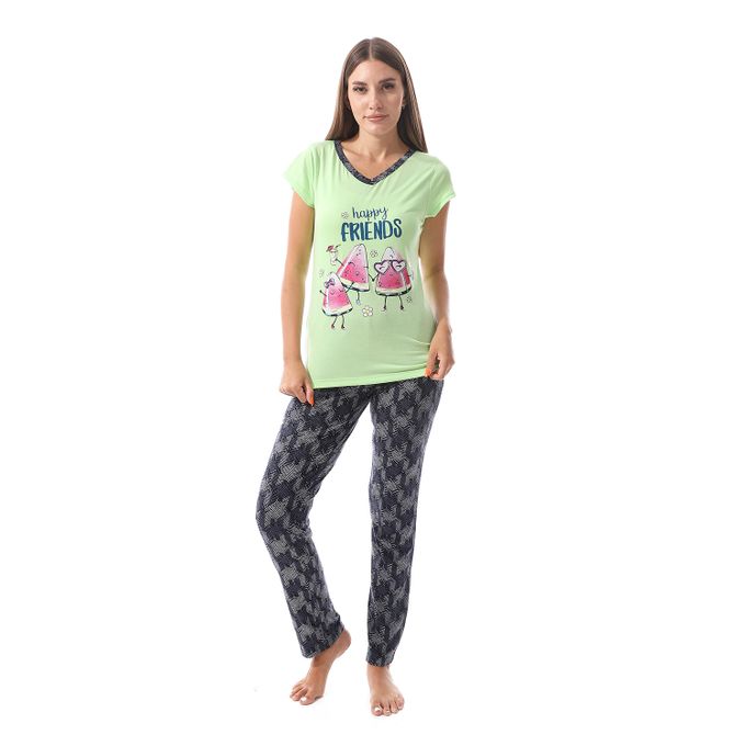 Andora Printed V-Neck Cotton Pajama Set - Lime & Black