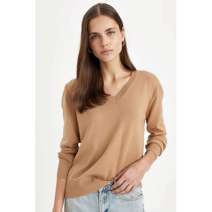 Defacto Relax Fit Soft Texture V Neck Basic Knitted Pullover
