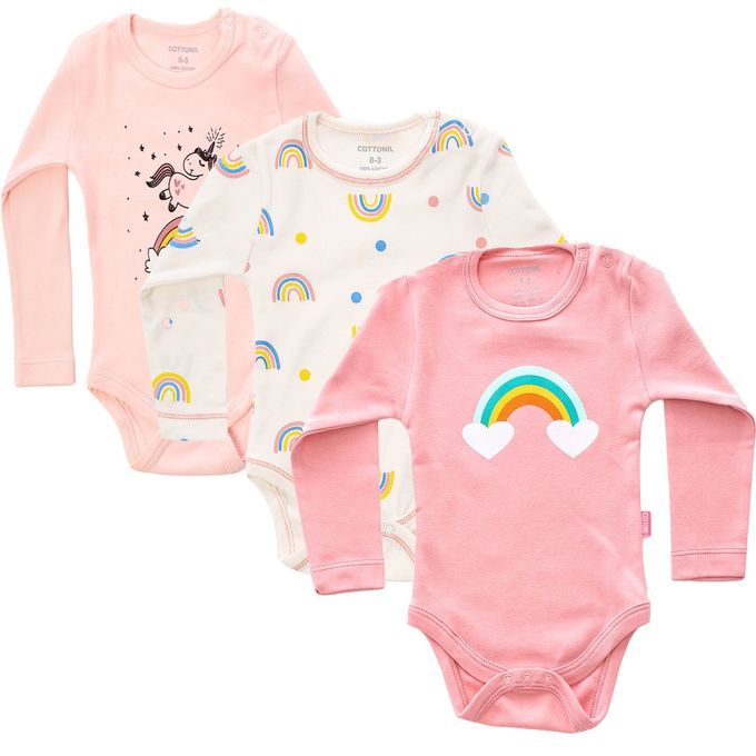 Cottonil - (3) Printed Long Sleeves Snap Closure Bodysuit