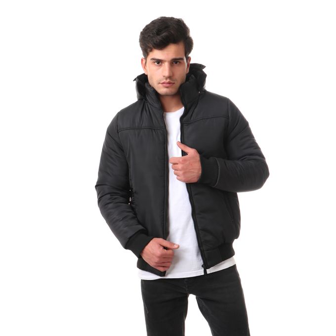 Ajustable Hooded Neck Waterproof Jacket - Black