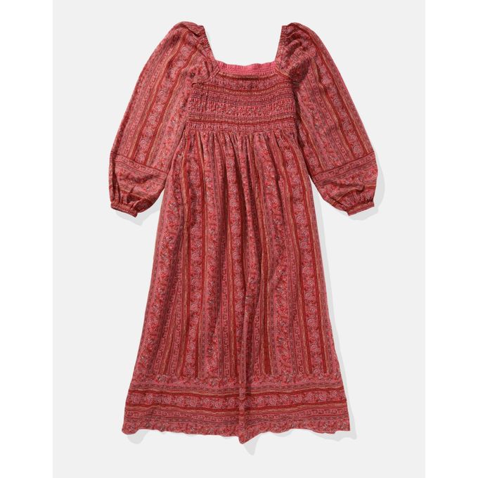 American Eagle AE Puff Sleeve Smocked Midi Dress