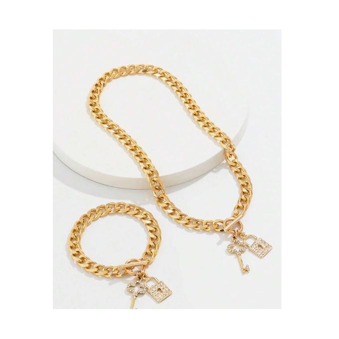 SHEIN 2pcs/Set Elegant Crystal Key & Lock Pendant Bracelet And Necklace Set