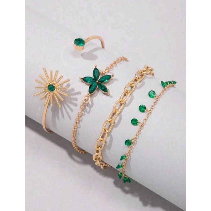 SHEIN 4pcs Rhinestone Flower Decor Bracelet GOLD GREEN