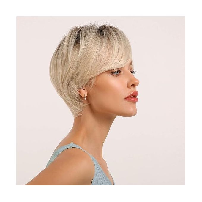 Short Natural Hair Wig With Bangs For Party And Costume Ombre Blonde Synthetic Wig